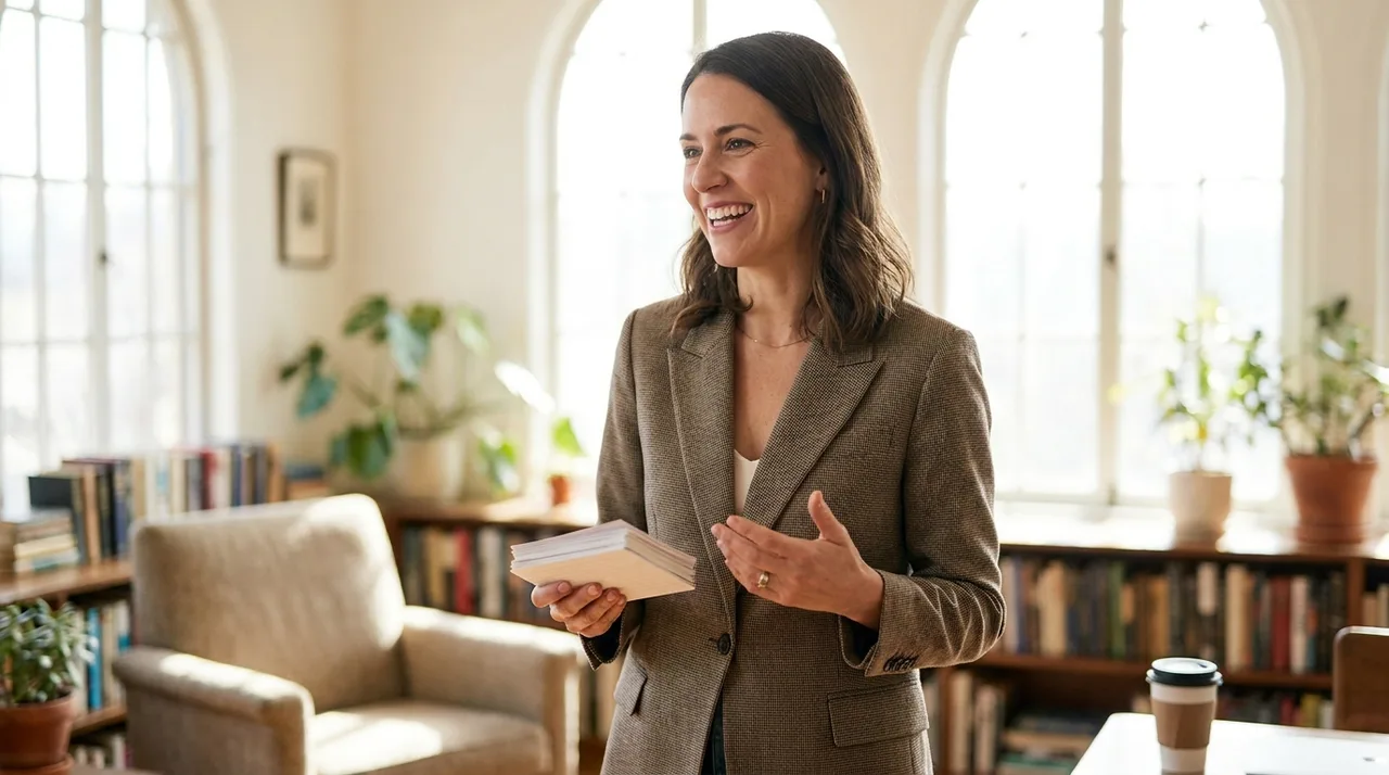 A person rehearsing a wedding toast or eulogy from handwritten notes in a bright room